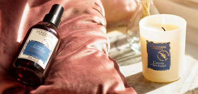 Pillow mist and relaxing candle in home